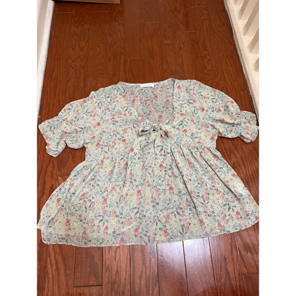Bombyx M. Moore Tops - Bombyx‎ M. Moore Floral Babydoll Tie Front Blouse Sage Green Peplum Top Womens